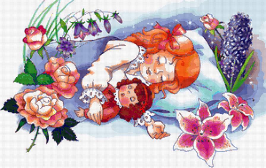 Сладкие сны - малыш, кукла, детки, сладкие сны, девочка, цветы, игрушки, мишка - предпросмотр