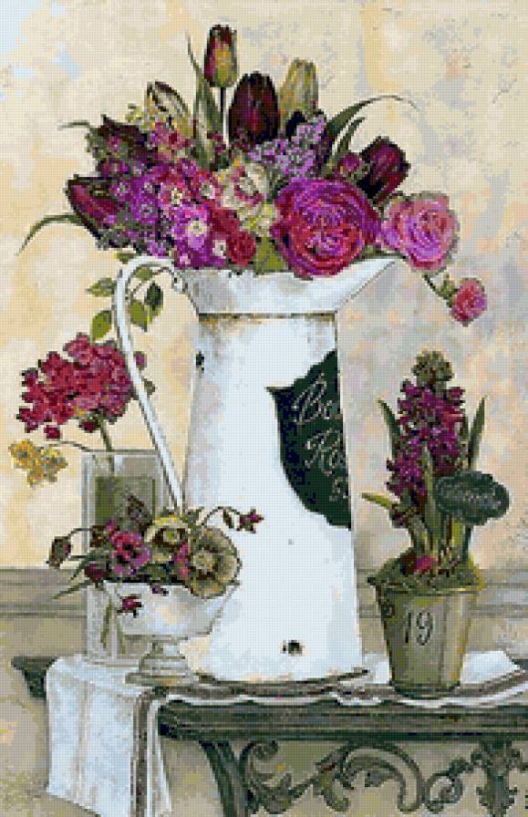 Цветочный натюрморт - искусство, ваза, цветы, натюрморт, флора, букет - предпросмотр