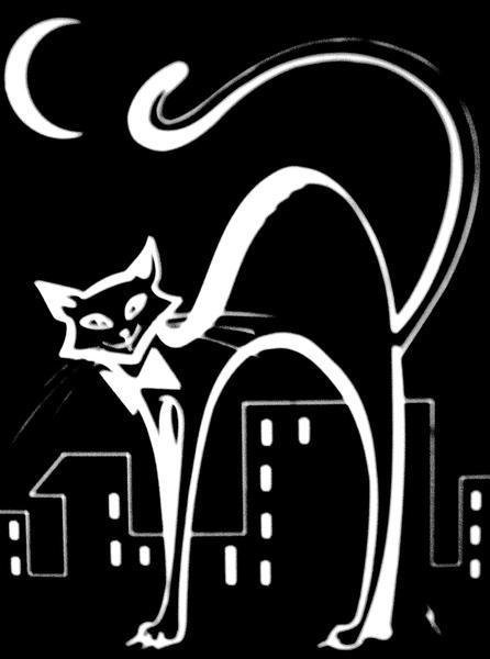 Котейка - кот, черный, ночь, месяц, крыша, дома - оригинал