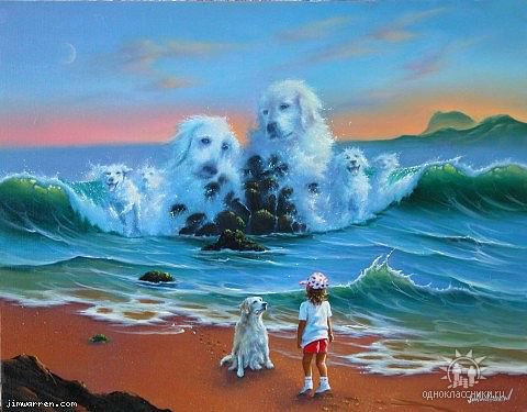 Мальчик и собака - волны, животные, мальчик, пейзаж, живопись - оригинал