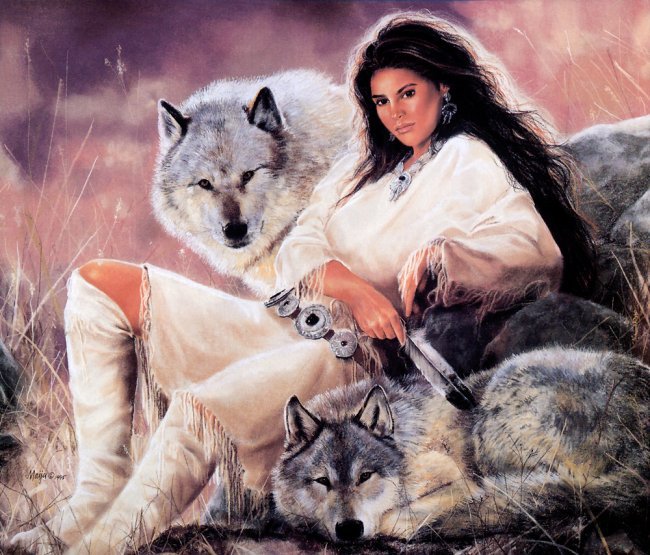 Серия "В индейском стиле" - девушка, пейзаж, волки, животные - оригинал