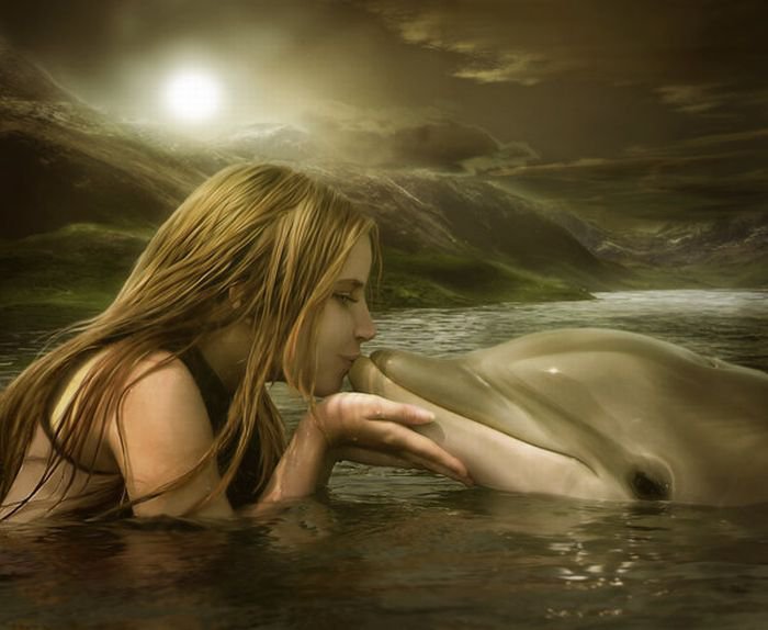 девушка и дельфин - люди, ночь, животные, море - оригинал