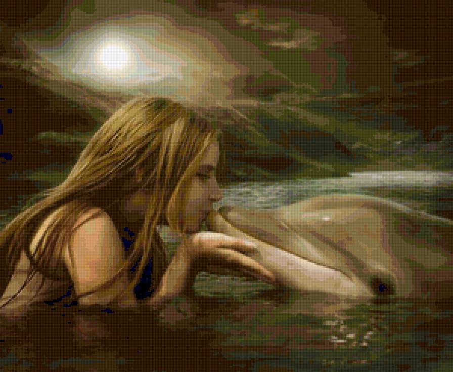 девушка и дельфин - животные, люди, ночь, море - предпросмотр