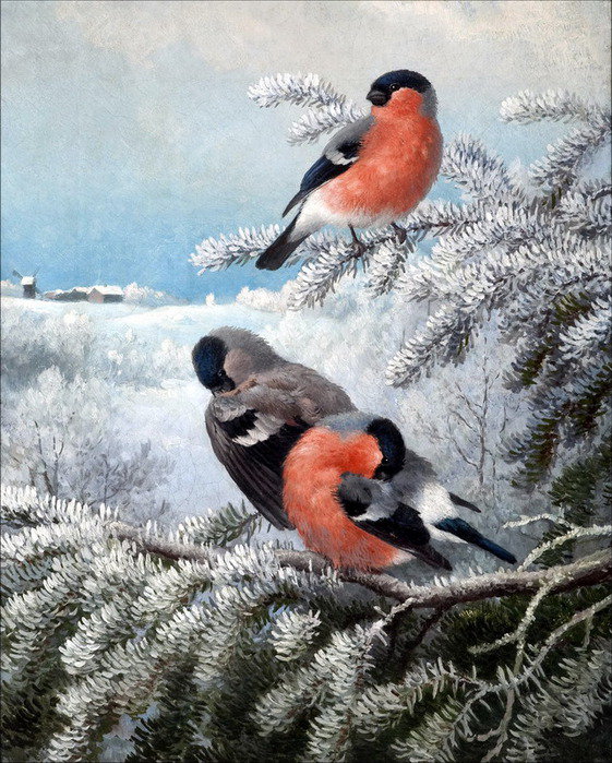 Снегири - пейзаж, птицы, живопись - оригинал