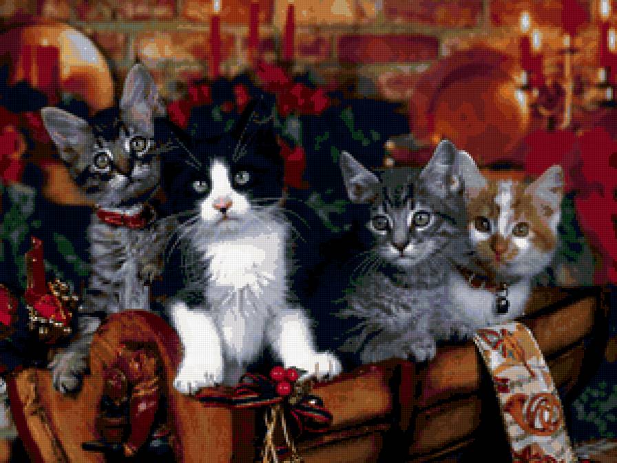 Кошачье рождество - животные, кошка, рождество, котята - предпросмотр