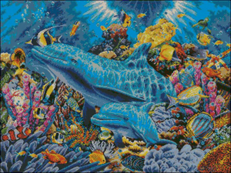 под водой - дельфин, рыбы, картина, море, дельфины, океан - предпросмотр