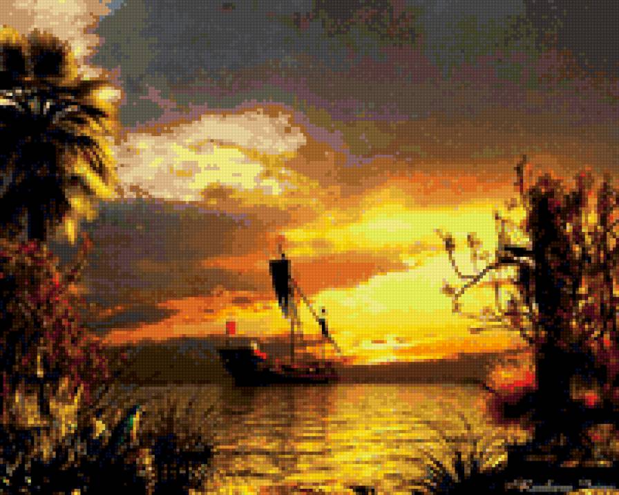 Корабль - закат, пейзаж, корабль, картина, море - предпросмотр