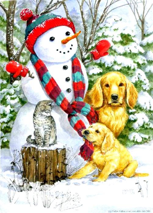 собачки,котик и снеговик - зима, новый год, собаки, животные, песик, щенок, собака, кошки, котенок - оригинал