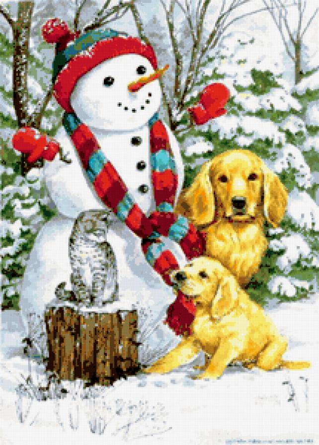 собачки,котик и снеговик - собака, животные, песик, щенок, новый год, котенок, зима, собаки, кошки - предпросмотр