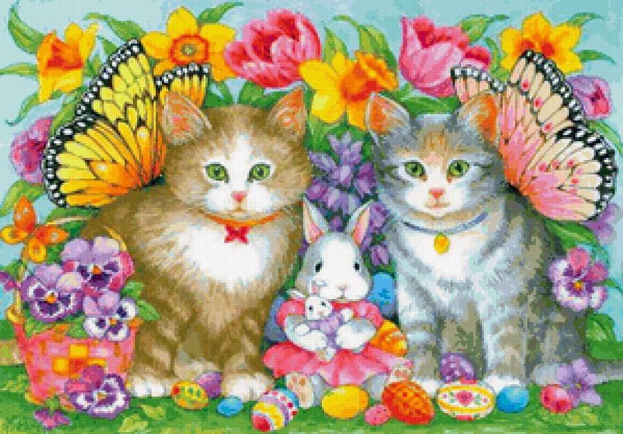 кошечки и кролик - кошки, цветы, бабочки, бабочка, животные, кошка, пасха - предпросмотр
