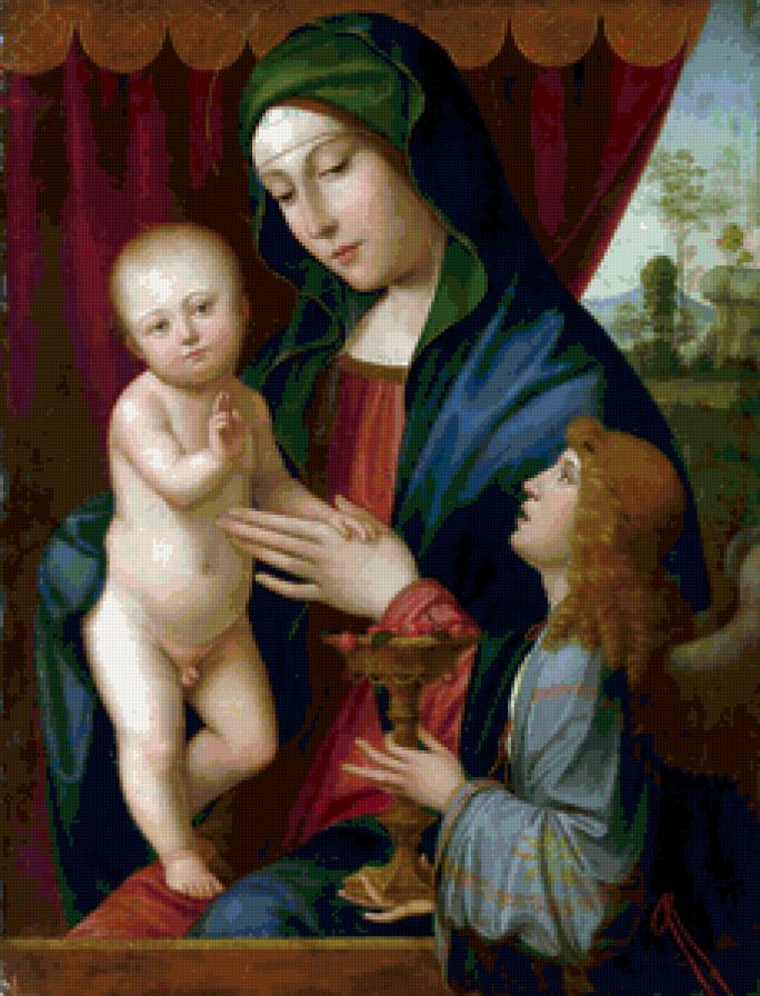 After Francesco Francia - The Virgin and Child with an Angel - религия, картина, живопись, святая, портрет - предпросмотр