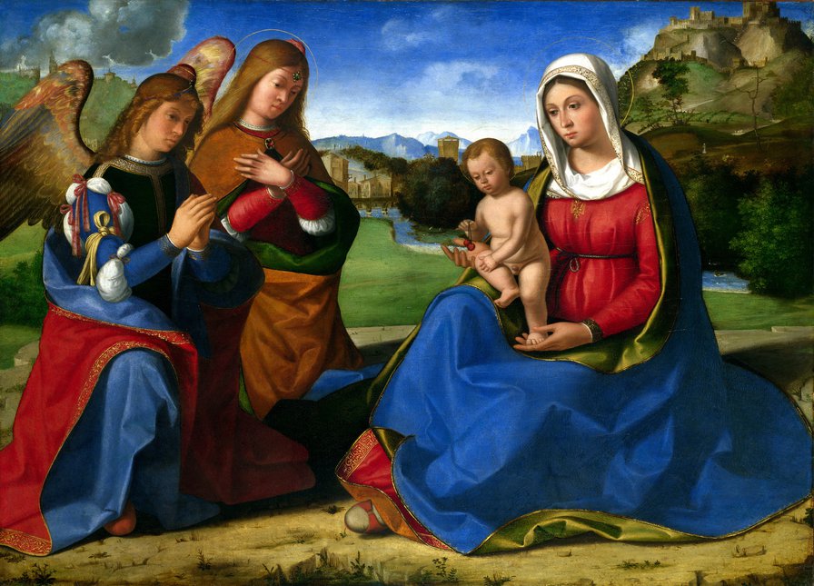 The Virgin and Child adored by Two Angels - живопись, портрет, святая, картина, религия - оригинал