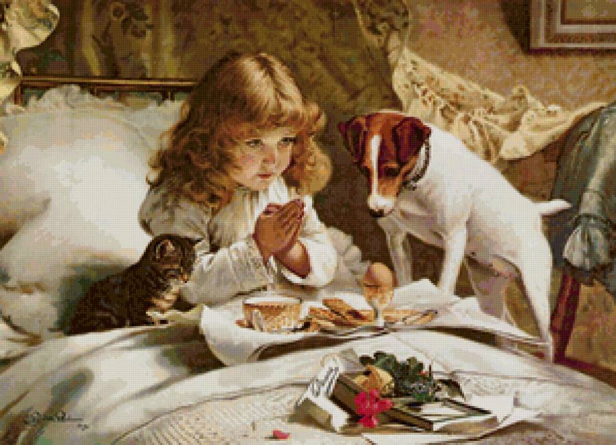 Девочка - котенок, картина художника, щенок, девочка - предпросмотр