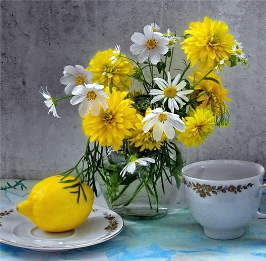 натюрморт - лимон, цветы, натюрморт - оригинал