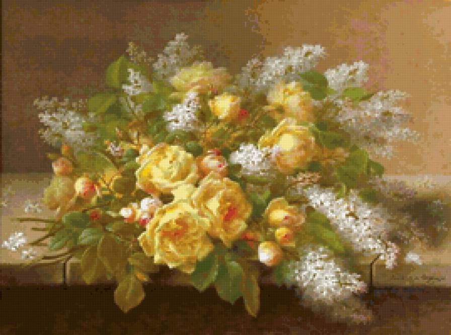 Желтые розы и белая сирень - предпросмотр
