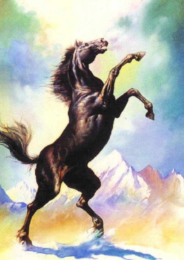 По картине художника. - лошадь, конь, животные, пейзаж, репродукция, картина - оригинал