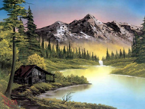 По картине художника. - пейзаж, картина, горы, репродукция, озеро, лес - оригинал