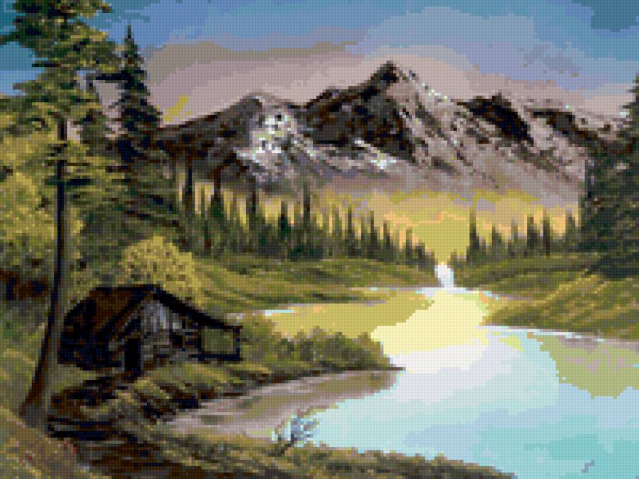 По картине художника. - горы, озеро, пейзаж, лес, репродукция, картина - предпросмотр