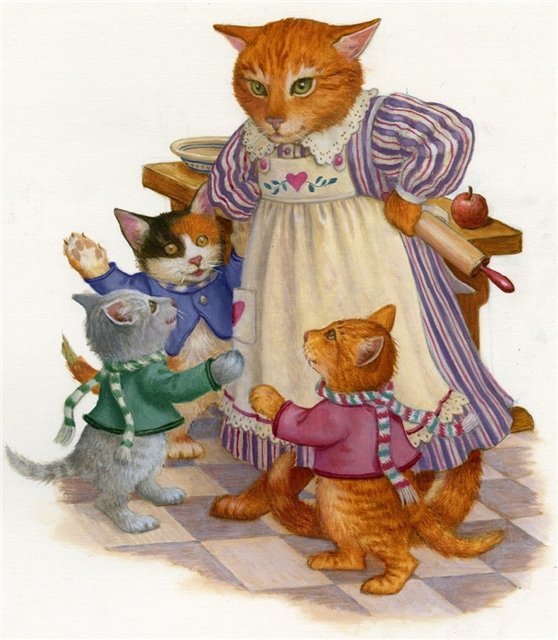 Кошка с котятами - живопись, коты, животные - оригинал