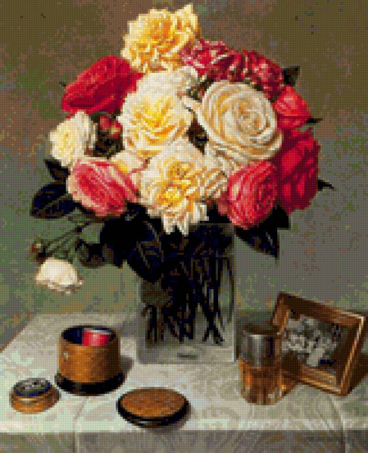 картина 02/3 - розы, натюрморд, цветы, фрукты - предпросмотр