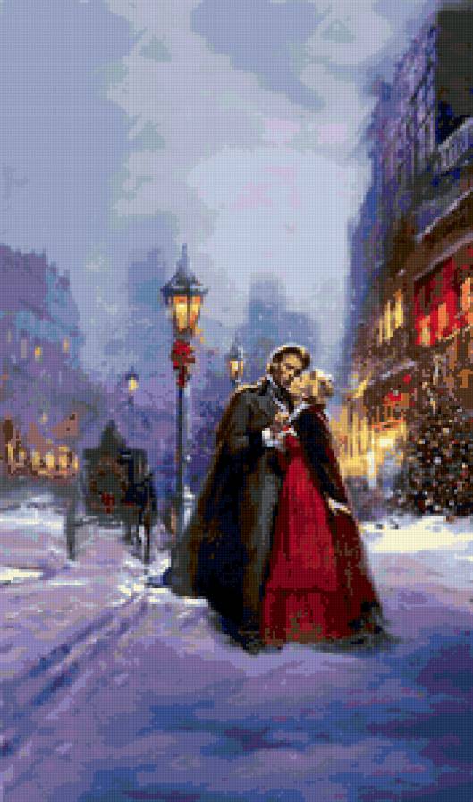 Зимний вечер - зима, улица, пара, поцелуй, влюбленные, любовь - предпросмотр