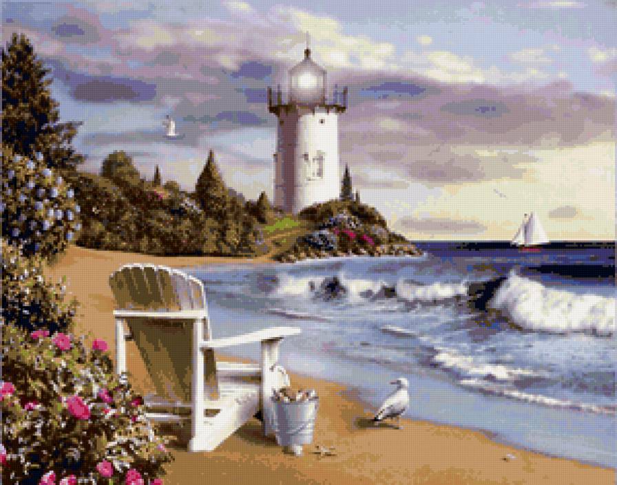 Маяк - пейзаж, маяк, море, цветы, берег, чайки - предпросмотр