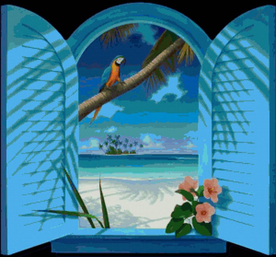 Вид из окна - попугай, острова, пейзаж, побережбе, окно, море - предпросмотр