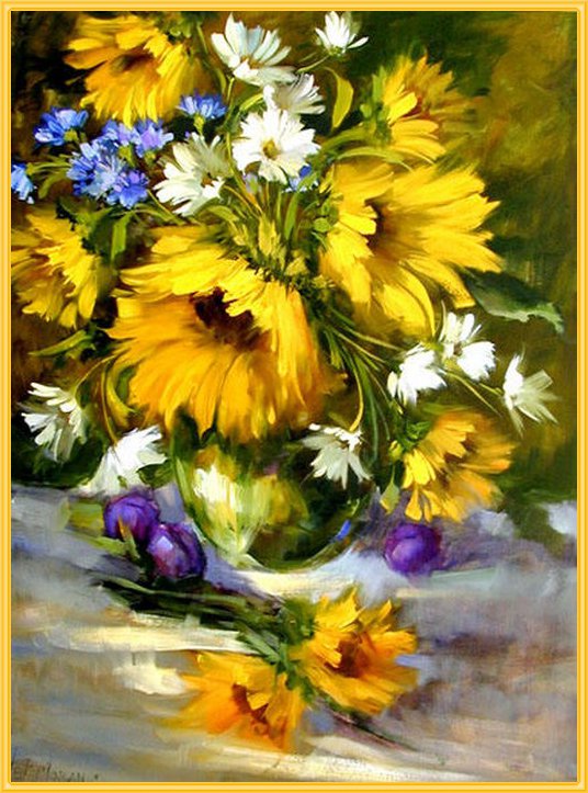 Букет подсолнухов - букет, подсолнухи, картина, живопись, цветы - оригинал