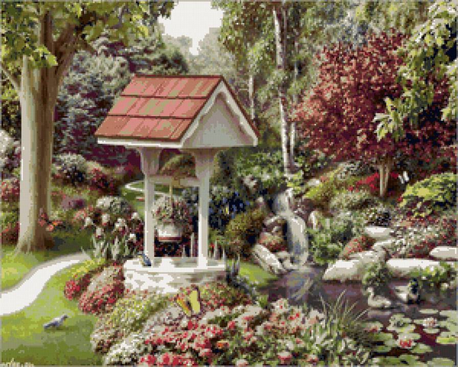 Колодец в саду - цветы, бабочки, сад, пруд, природа - предпросмотр