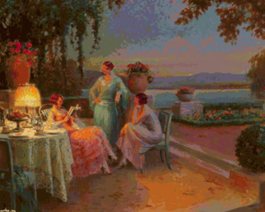 Вечерний чай на берегу - побережье, берег, девушки, живопись, вечер, чай, картина, закат - предпросмотр