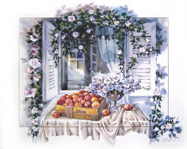 Натюрморт на окне - ягоды, окно, натюрморт, букет, цветы - оригинал