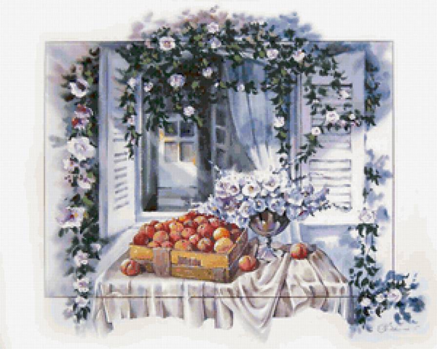 Натюрморт на окне - цветы, окно, ягоды, букет, натюрморт - предпросмотр