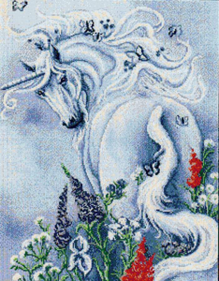 Единорог - лошадь, единорог, фантазия, цветы, красота, конь, люпины - предпросмотр