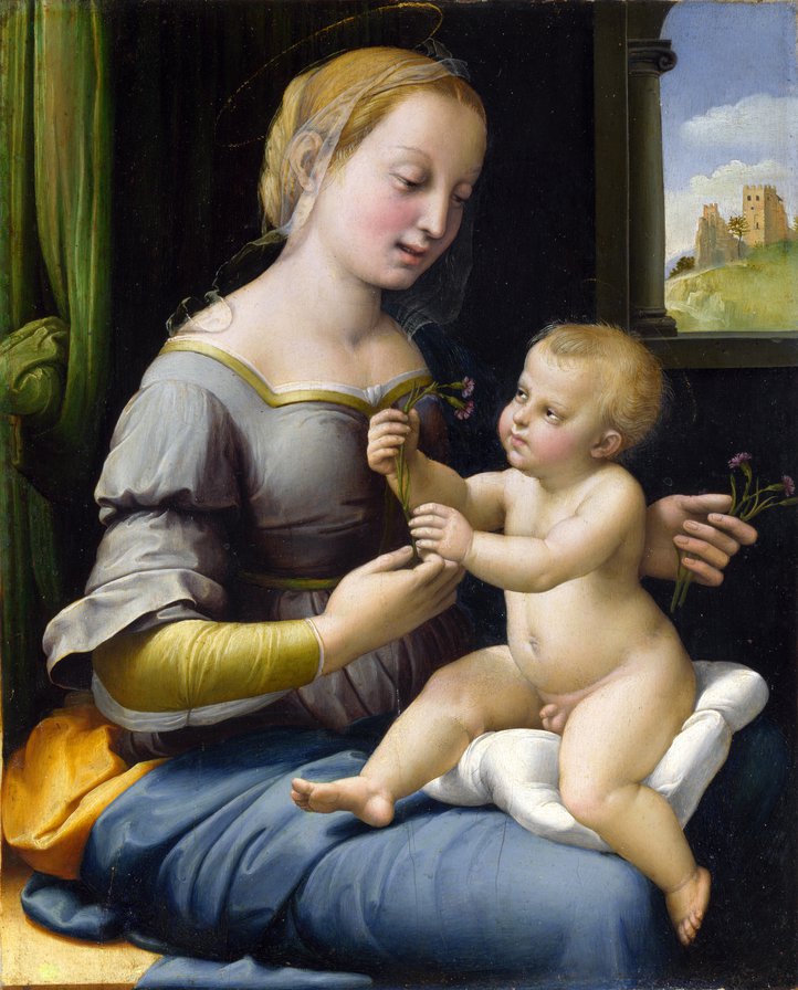 Raphael - The Madonna of the Pinks (La Madonna dei Garofani) - живопись, портрет, религия, святая, картина - оригинал
