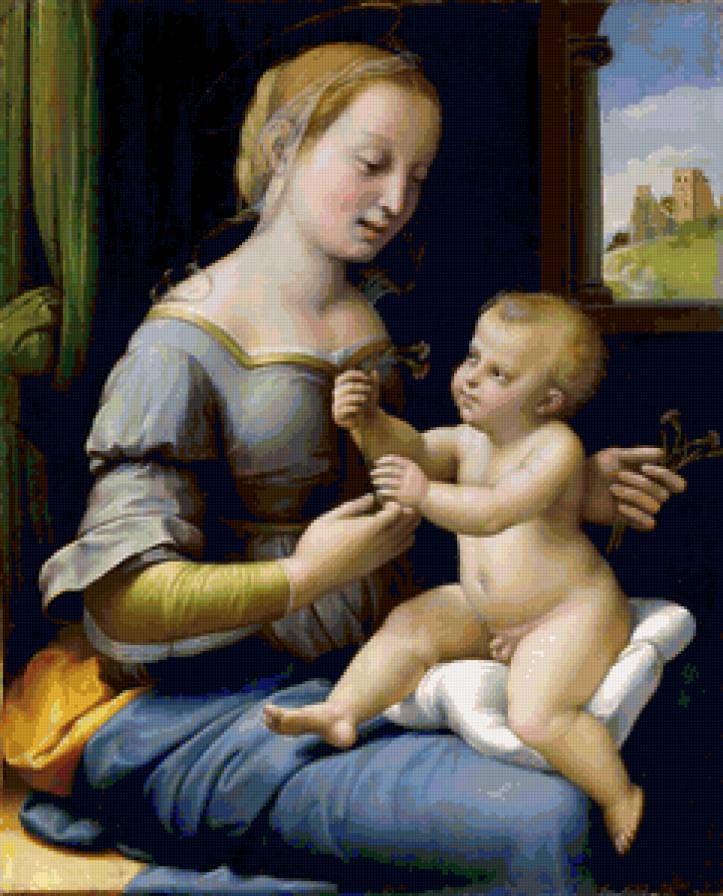 Raphael - The Madonna of the Pinks (La Madonna dei Garofani) - религия, святая, живопись, портрет, картина - предпросмотр