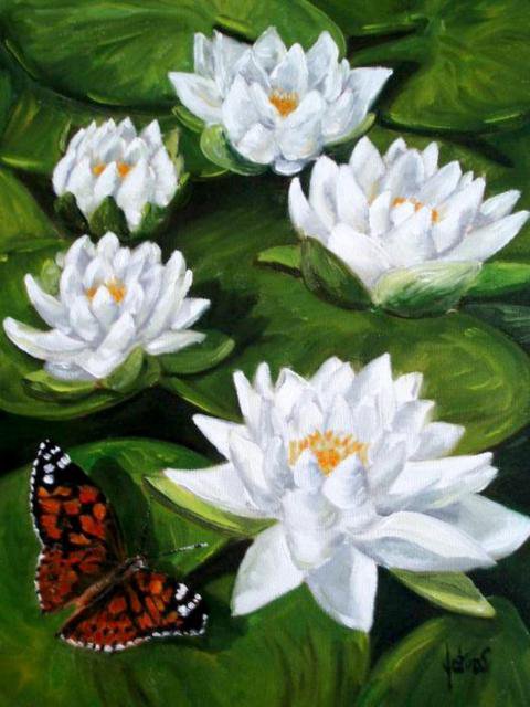 лилии и бабочка - цветы, картина.лилии.бабочка - оригинал