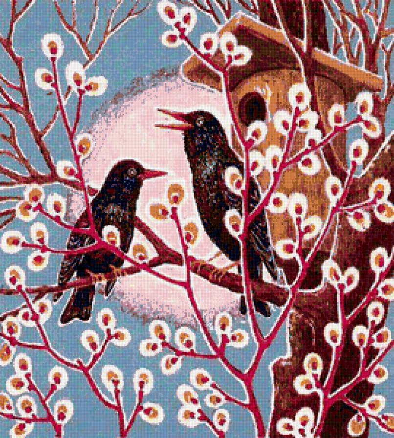 скворцы - птицы, картина, весна - предпросмотр