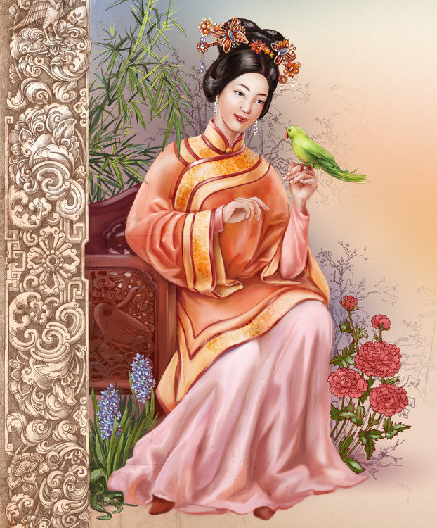 Китаянка с птичкой - живопись, картина, девушка, портрет - оригинал
