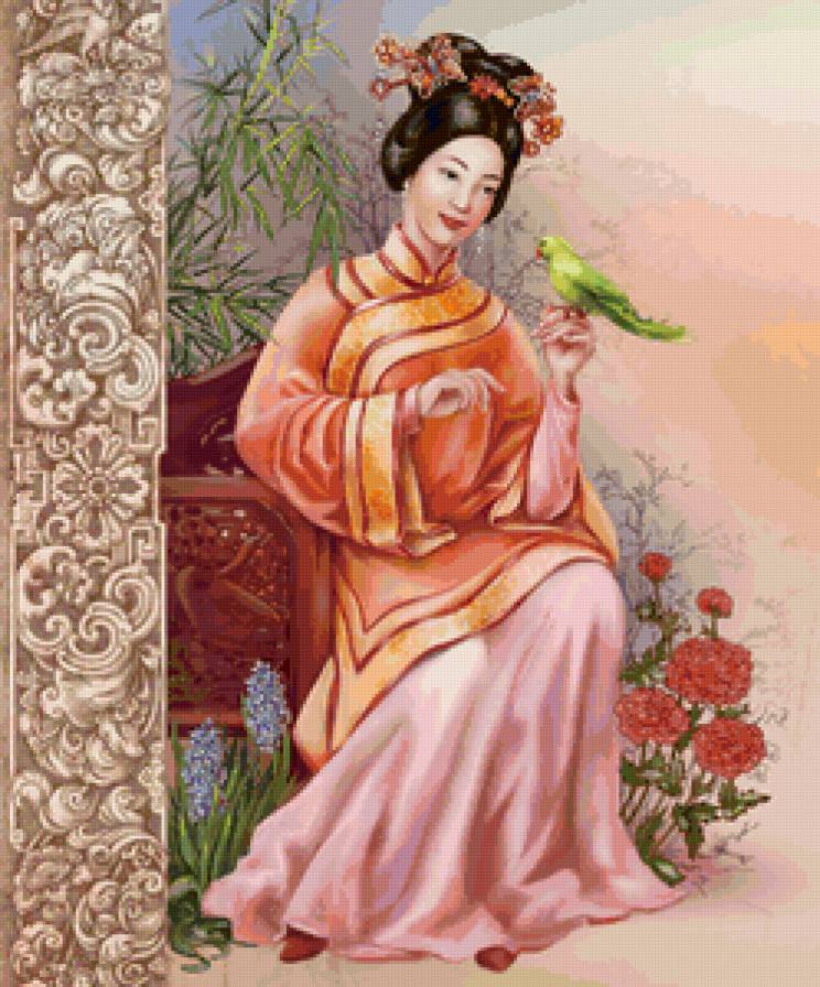 Китаянка с птичкой - картина, живопись, девушка, портрет - предпросмотр
