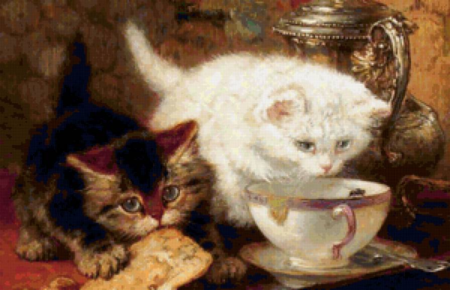 Кошачье чаепитие - животные, котята, картина - предпросмотр