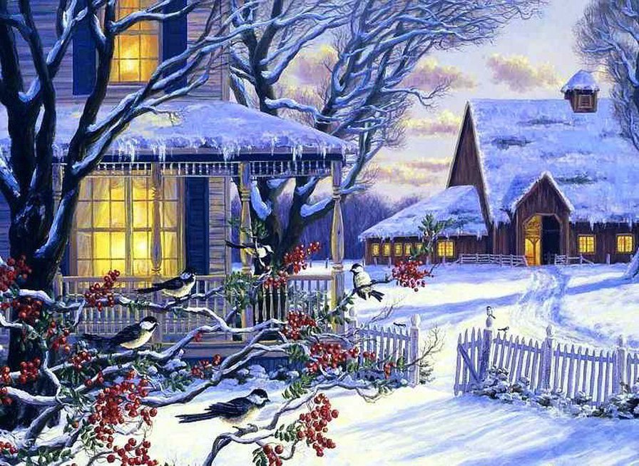 Зимняя сказка - лес, ягоды, пейзаж, иней, зимняя картина, домики, зима, птички - оригинал