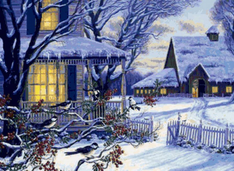Зимняя сказка - пейзаж, иней, птички, лес, зима, домики, ягоды, зимняя картина - предпросмотр