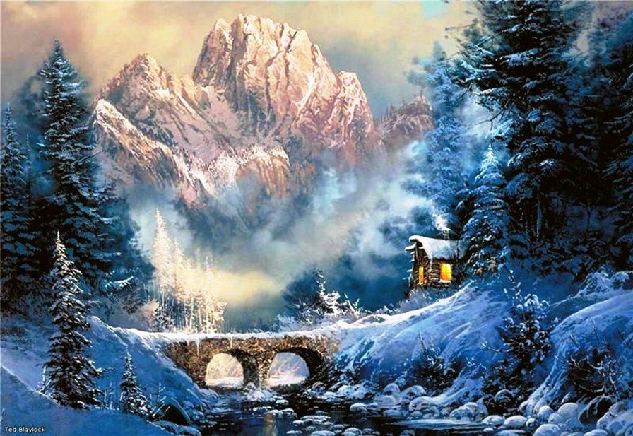 Зимняя сказка - пейзаж, ели, домик, зима, мост, зимняя картина, лес, снег, горы - оригинал