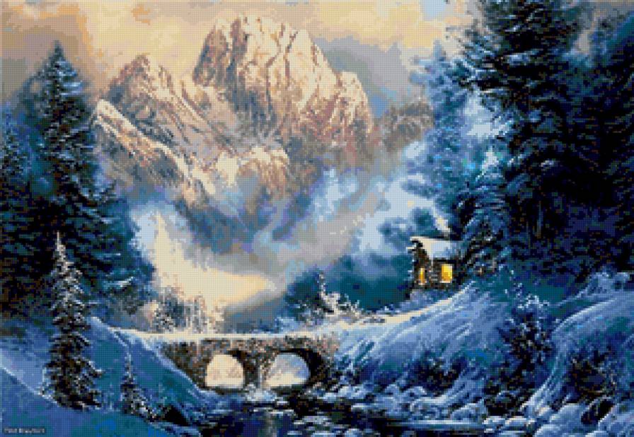 Зимняя сказка - зима, лес, домик, горы, зимняя картина, ели, снег, пейзаж, мост - предпросмотр
