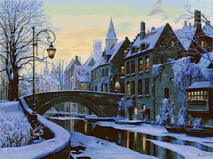 Зимний городок - домики, городок, зимний пейзаж, пейзаж, снег, фонарь, зима, иней - предпросмотр