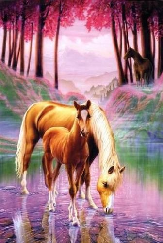 0038 - река, лошадь, жеребенок, лес, красота, животные, картина, кони - оригинал