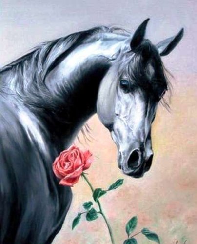 0039 - лошадь, картина, кони, розы, природа, цветы, животные - оригинал