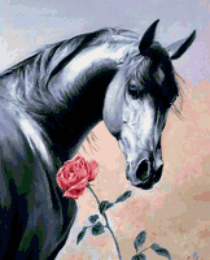 0039 - розы, природа, лошадь, цветы, животные, картина, кони - предпросмотр