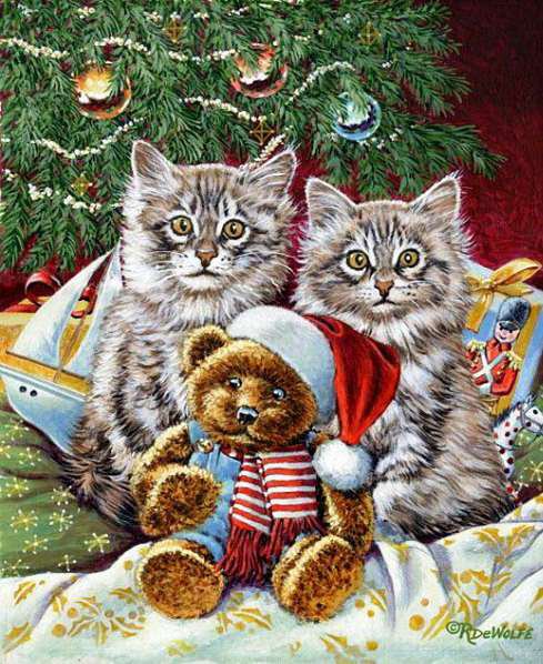 Котята - елка, кошки, мишка, рождество, коты, детская картина, котята - оригинал