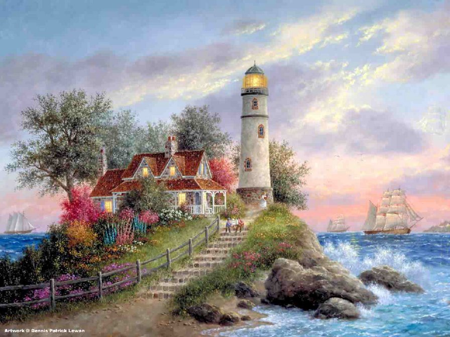 Маяк - маяк, парусник, пейзаж, живопись, море - оригинал